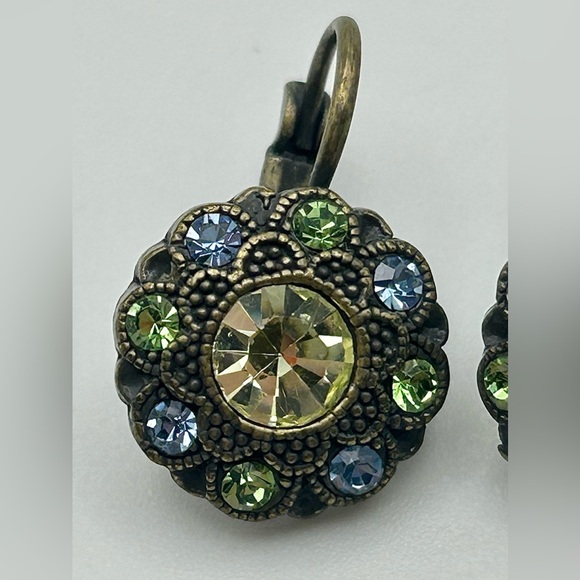 Green and Blue Crystal Studded Oxidized Gold Tone Drop Earrings - Picture 5 of 9